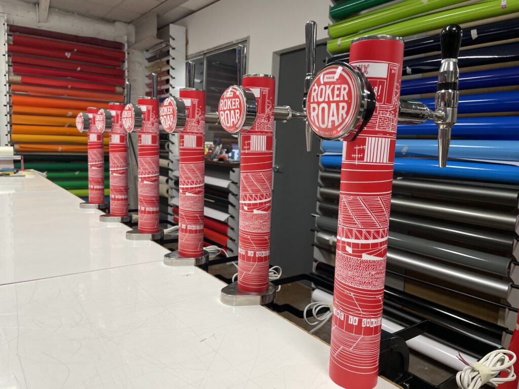 Vaux Roker Roar printed bar font towers in the workshop