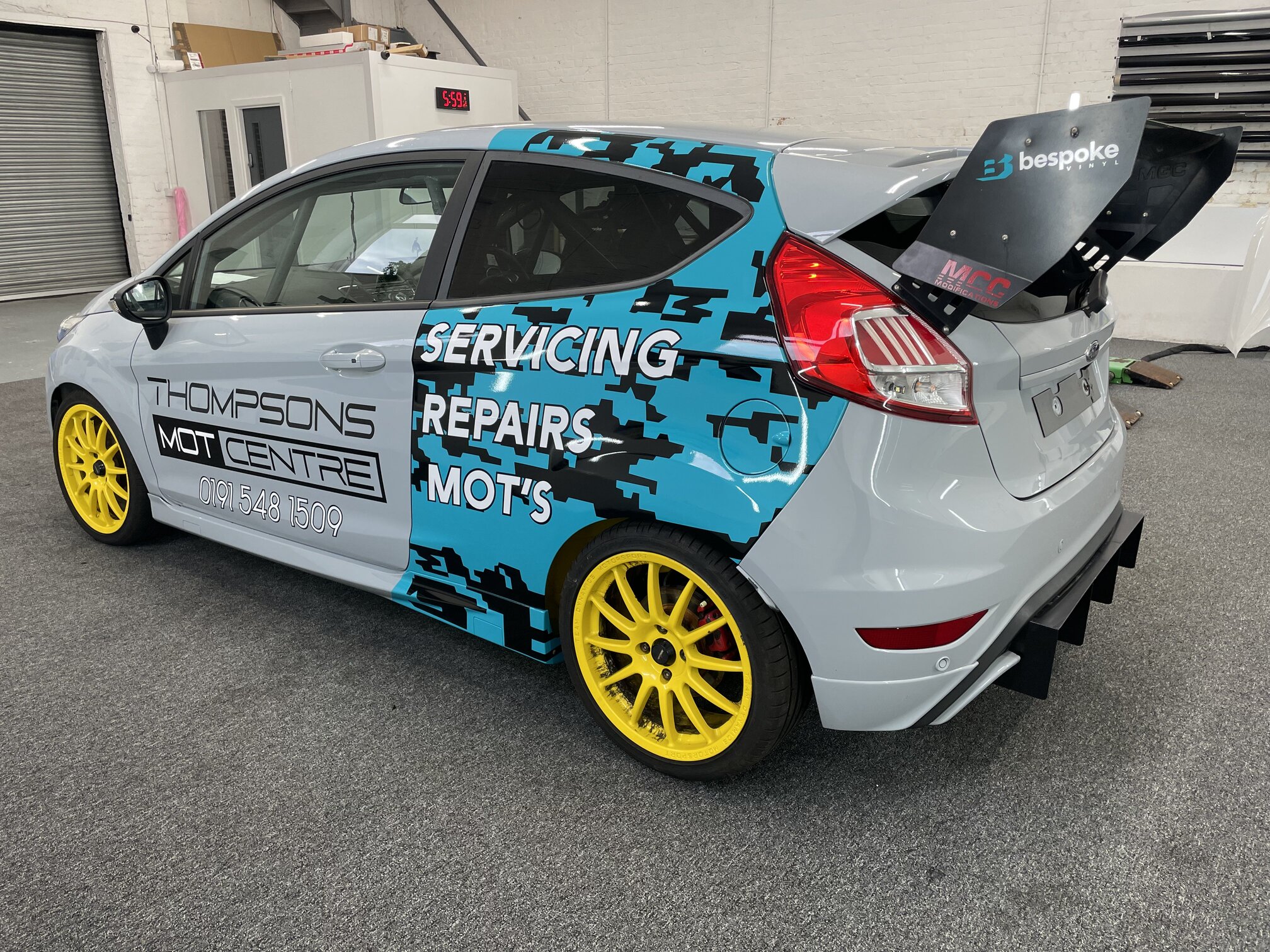Thompsons MOT Centre Ford Fiesta with digital camo wrap