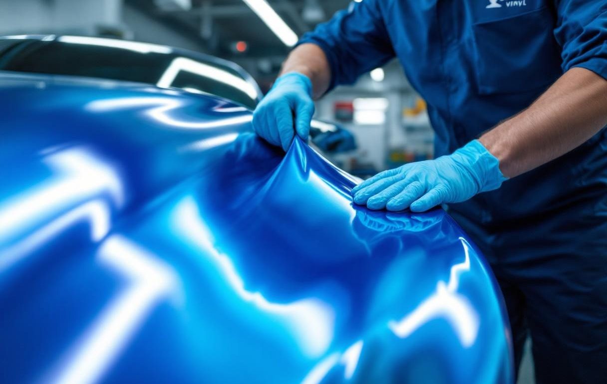 BMW M4 satin blue full wrap installed at the Bespoke Vinyl Sunderland workshop